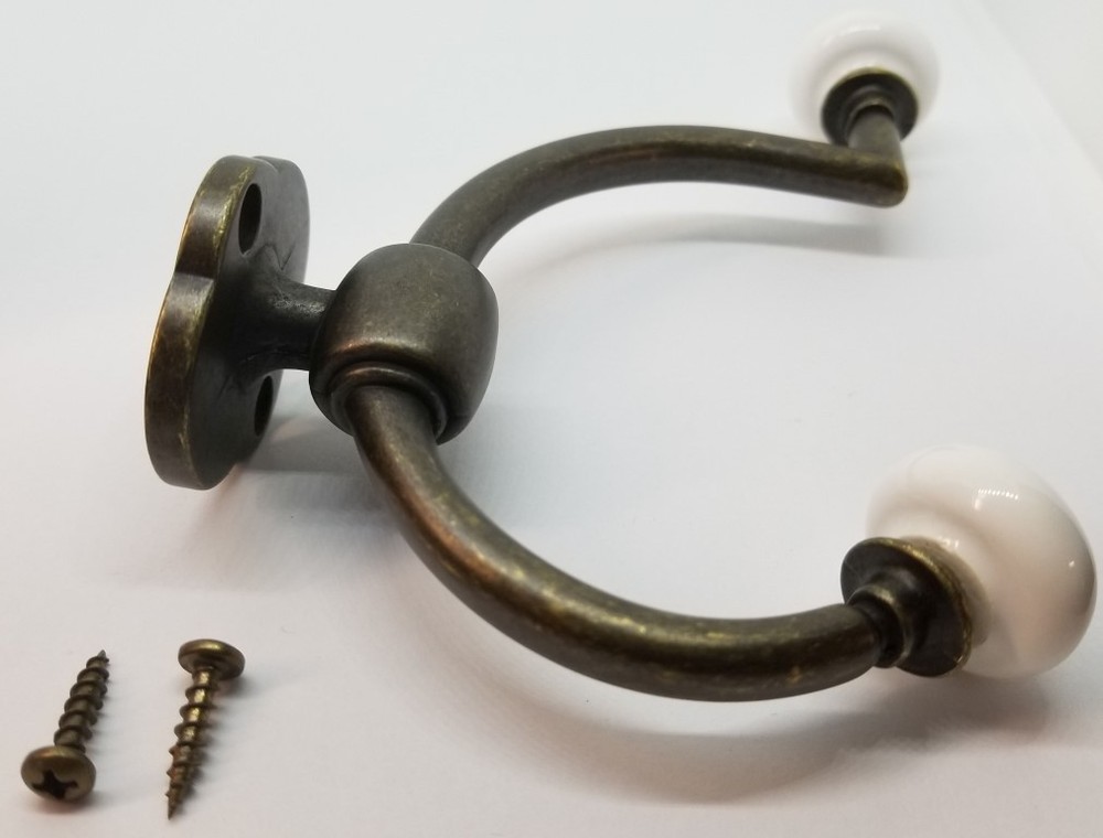 Antique Brass Double Front Mount Coat Hook Porcelain Knobs old classic vintage