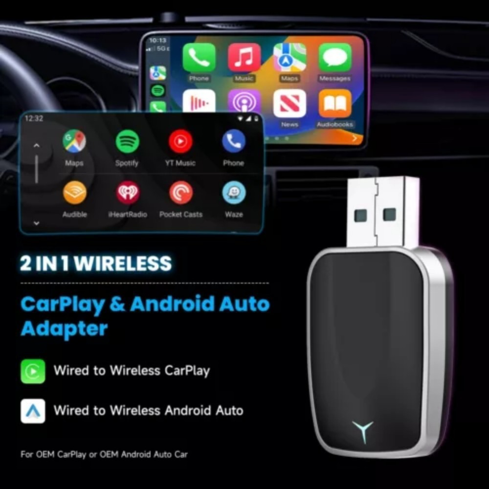 CarPlay & Android Auto Adapter - 2-in-1 Wireless Plug & Play USB Dongle