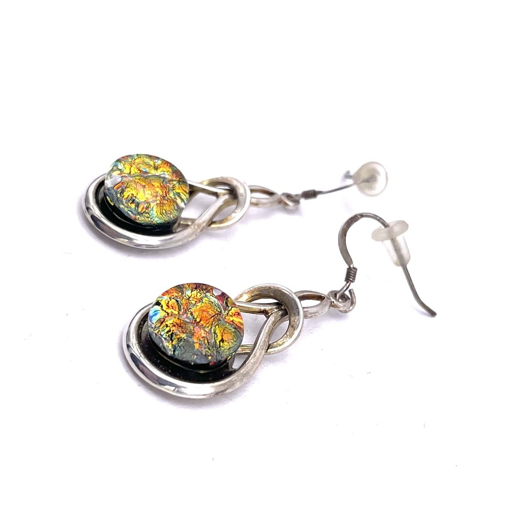 Multicolor Fused Dichroic Dangle Drop Earrings Hook Closure