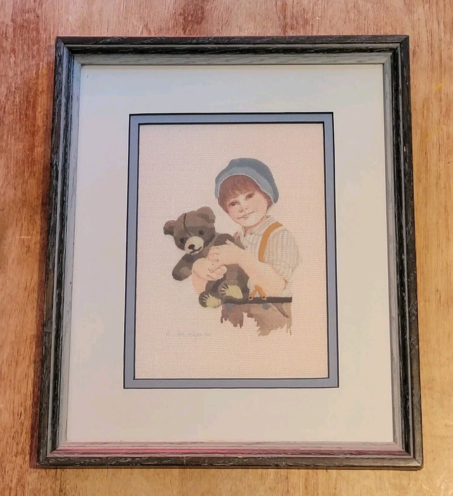 VTG Jan Hagara Boy Brian & Teddy Bear Completed Needlepoint Signed Art Framed
