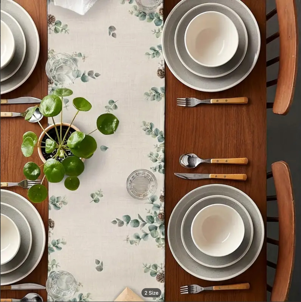 Fall Table Runner-Eucalyptus Leaves, Pinecones, Pumpkins-13x72in-Linen Blend