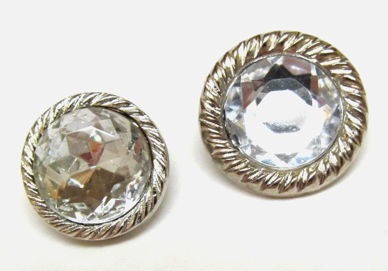 2 Vintage Buttons Clear Crystal w/ Rope Silvertone Bezel
