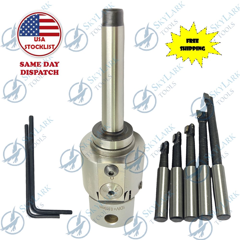 Milling Boring Head Set MT1 Shank 38mm + 5 Carbide Boring Bars Precision