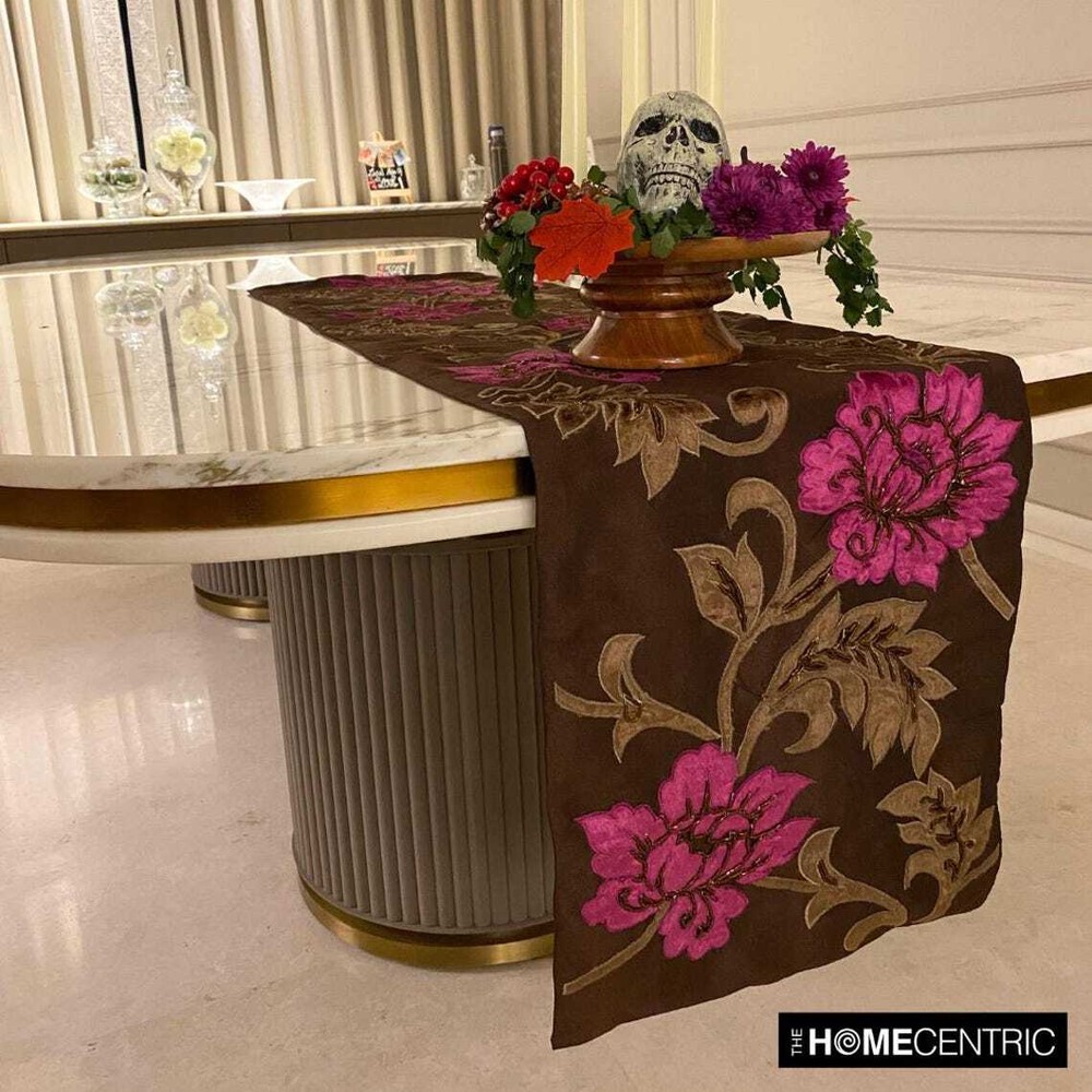 Decorative Table Runner Brown Silk Wedding Décor Table Décor - Blossoms Applique