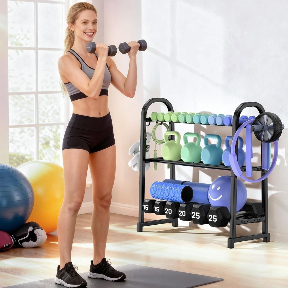 3 Tier Dumbble Rack 360LB Capacity Adjustable Dumbbell Storage Rack Space-Saving