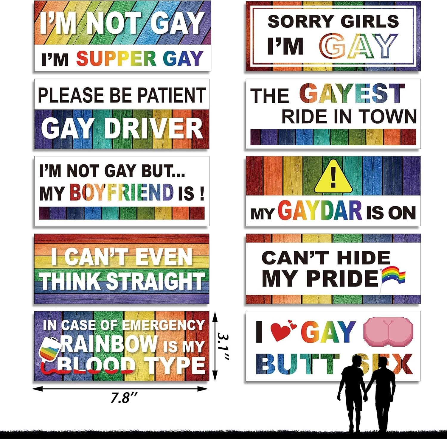 10-pack Magnetic Rainbow Bumper Decals, Funny Gay Pride Car Stickers for Vehicle
