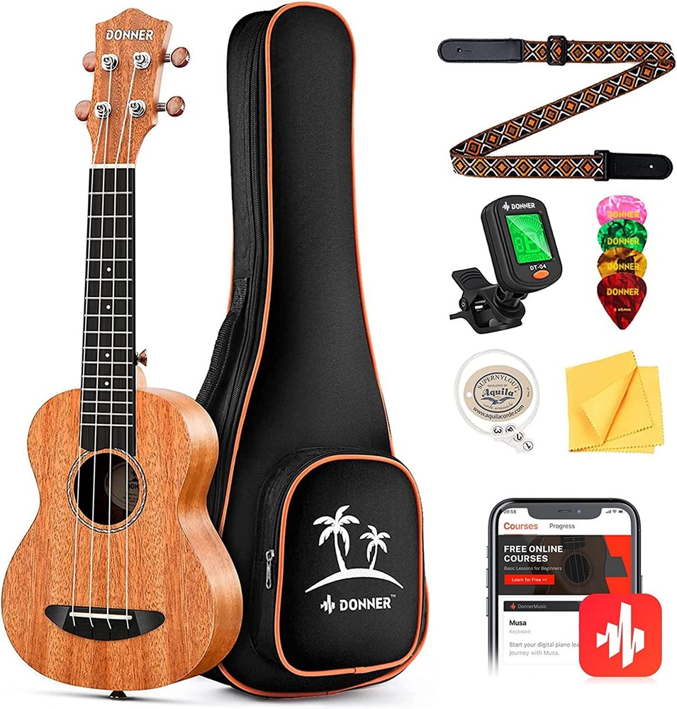 Donner 23" Concert Ukulele Beginner Bundle With Gig Bag Strap String Tuner Pick