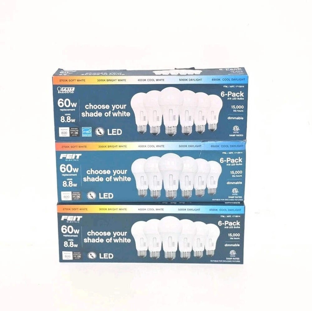 3 Boxes - Feit Electric 60 Watt A19 E26 Dimmable LED Bulb 6-Pack