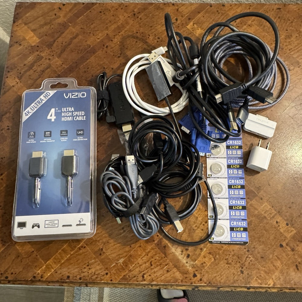 Cable & Adapter Lot – HDMI, VGA, USB-C, Micro-USB, Printer Cable, Batteries