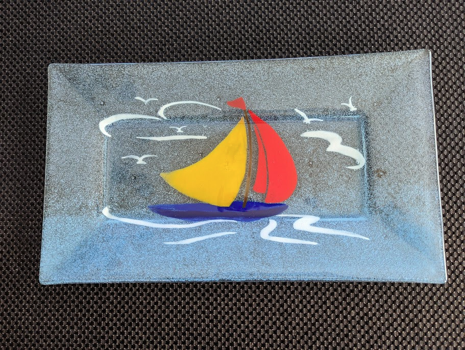 Fused Glas Sailboat Rectangle Platter Serving Tray