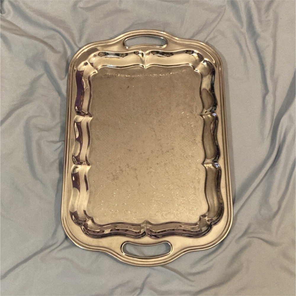 Silver-Plated Ornate Rectangular Serving Tray with Handles, 20 Inches