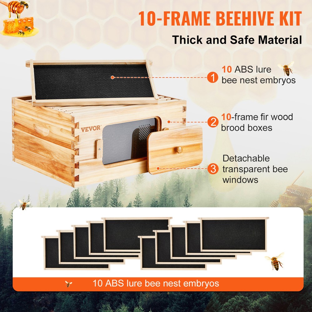 VEVOR Bee Hive Langstroth Deep Beehive Kit 10 Frames Acrylic Bee Windows