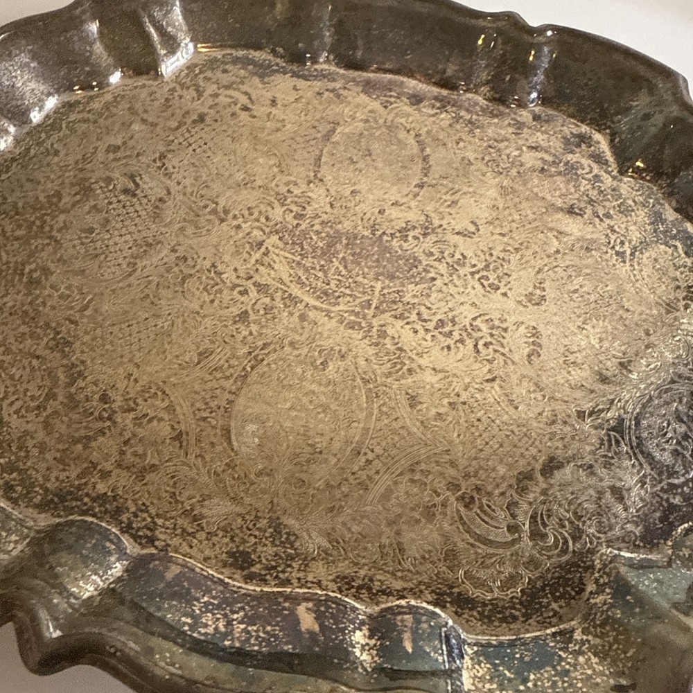 Vtg Silver Platter Tray Etched Scrollwork Footed Serving Leonard Silver
