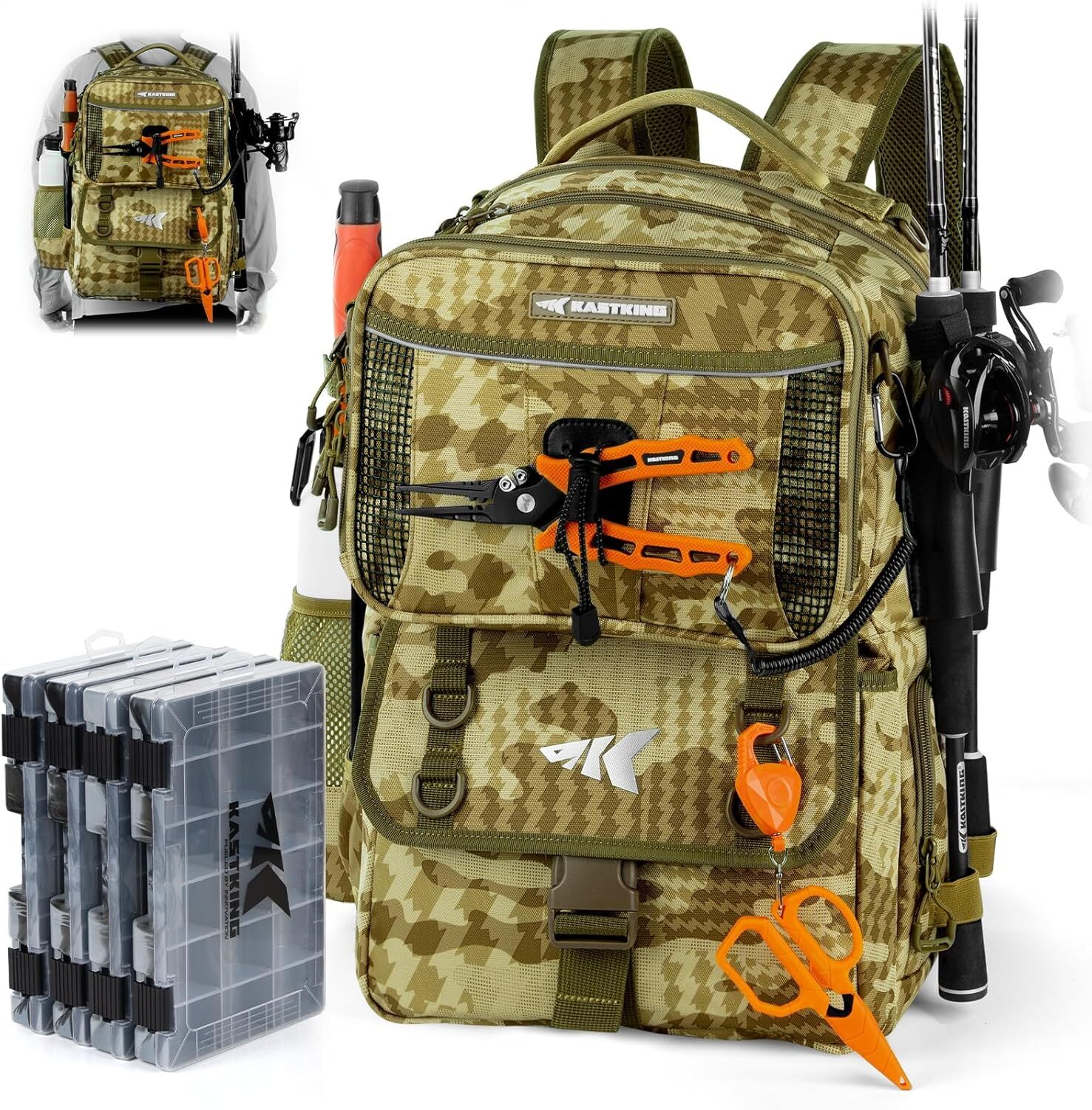 KastKing 50L Tackle Backpack Fishing Gear W/ 4 Boxes Bait Binder Rod Holders