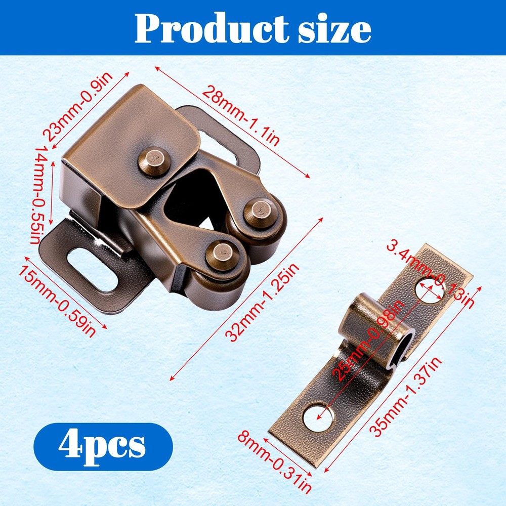 4 Pack Double Roller Catch with Spear Strike Cabinet Closet Doors Roller Catch