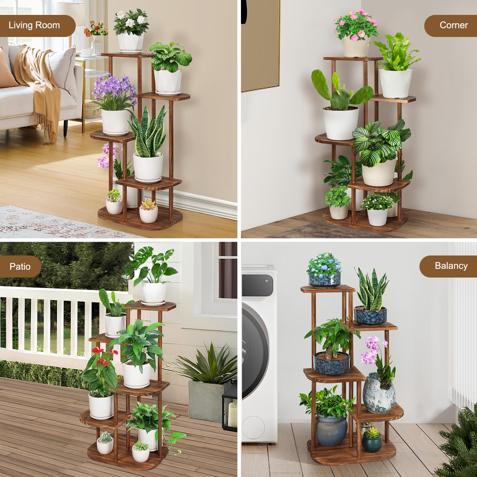 Jotsport 5 Tier Wood Plant Stand for Multiple Plants Indoor Carbonized