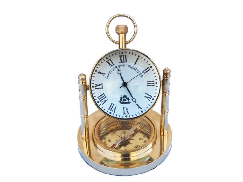 Solid Brass Clock with Compass 5"