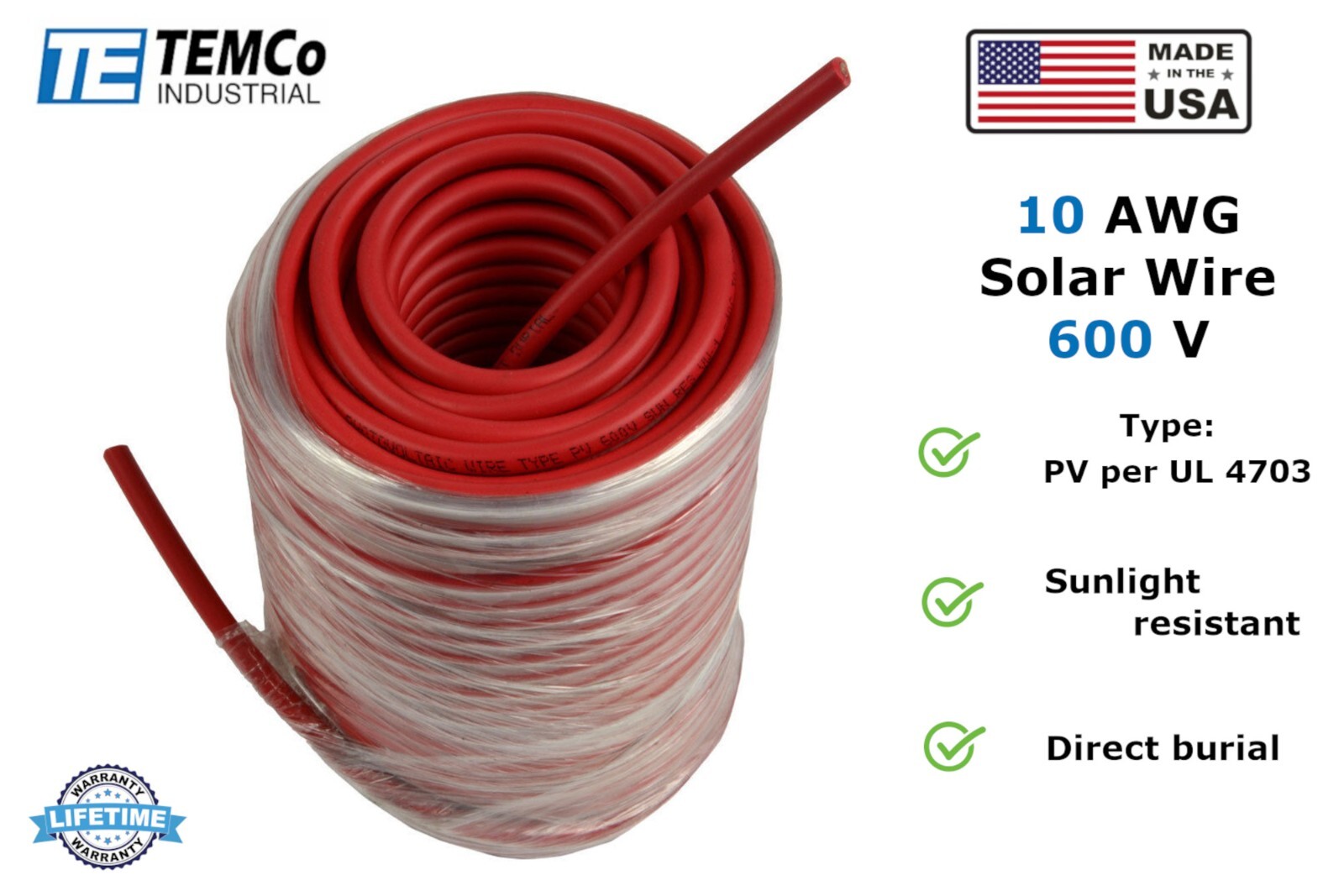 10 AWG Solar Panel Wire 250' Power Cable UL 4703 Copper MADE IN USA PV Gauge Red