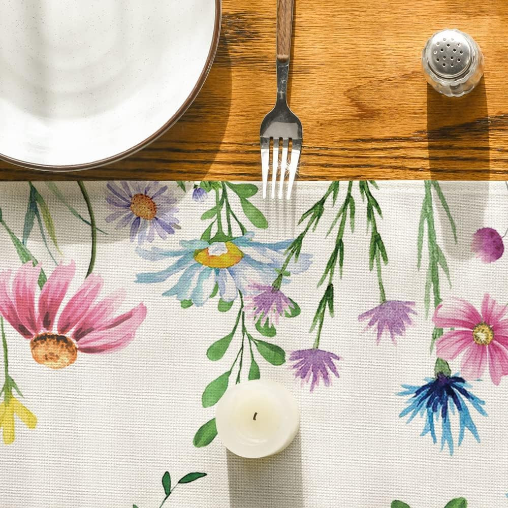 Daisy Eucalyptus Lavender Floral Leaves Summer Table Runner, Spring Kitchen Dini