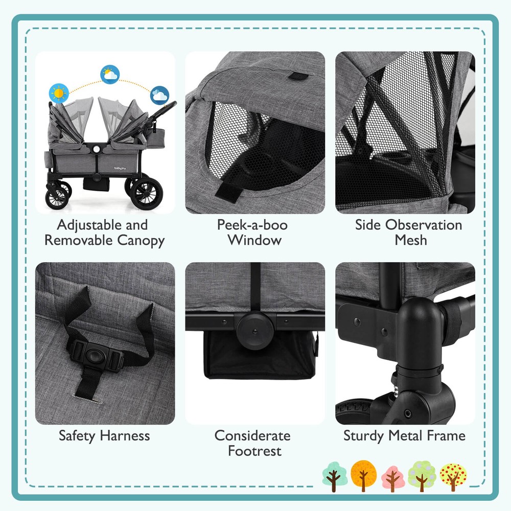 Wagon Stroller for 2 Kids Push Pull Double Stroller with Adjustable Handle