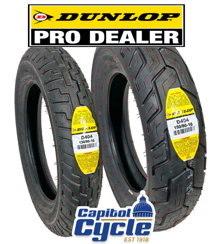 DUNLOP D404 FRONT AND REAR TIRE SET 130/90-16 AND 150/80-16 BLACKWALL - 2 TIRES