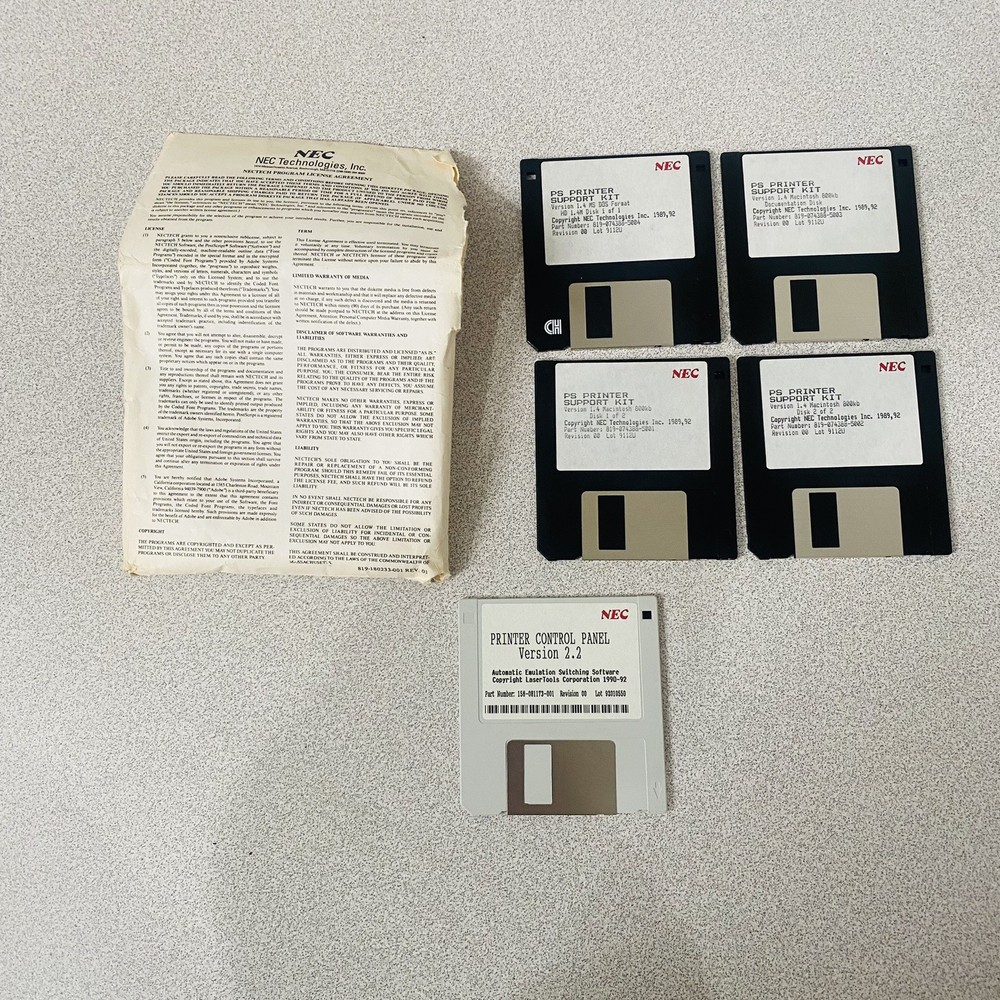 NEC PS Printer Support Kit Macintosh 3.5” Floppy Disk Set Version 1.4 Vtg 90s