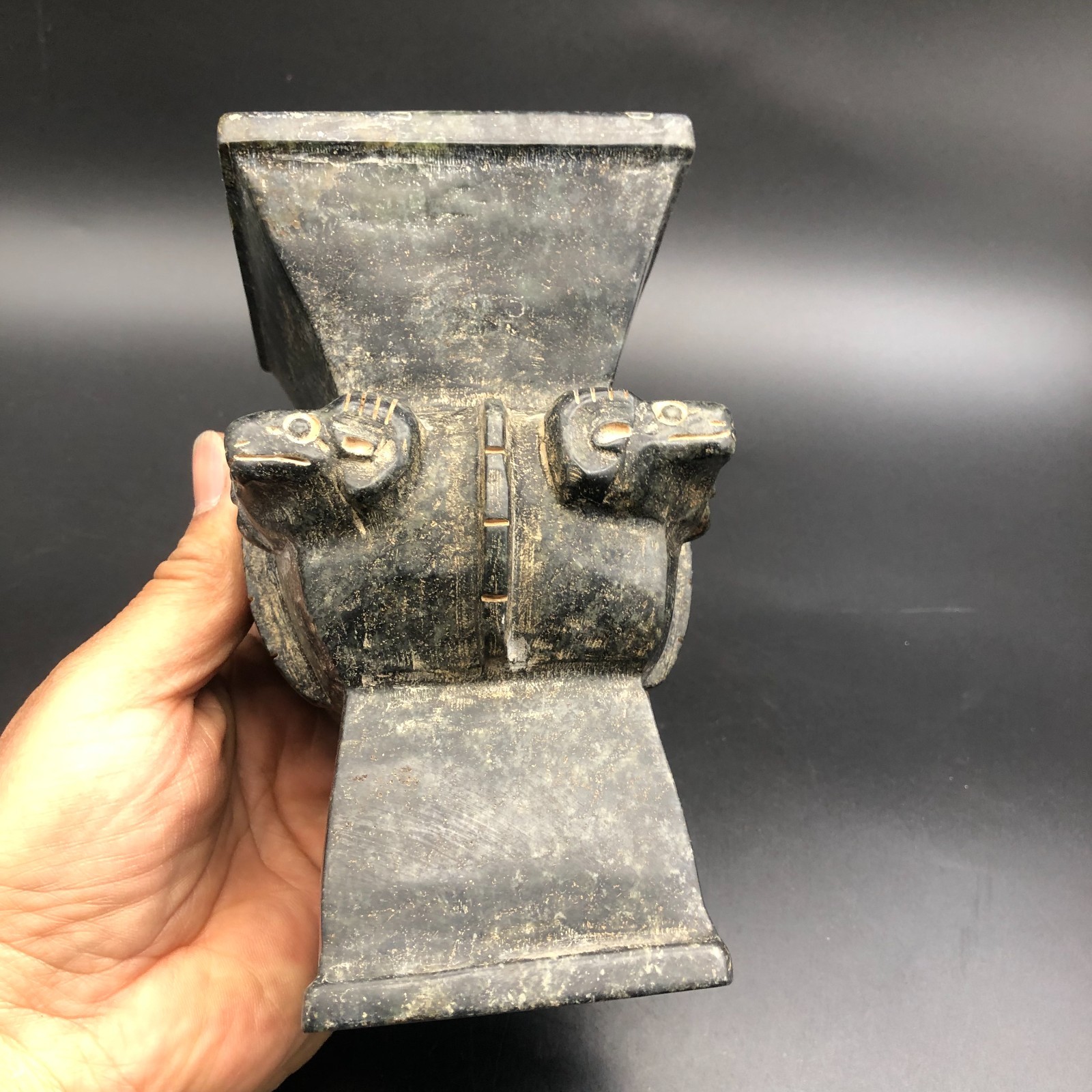 Old HongShan Culture Meteorite Jade Hand-Carved Sheep Head Vessel