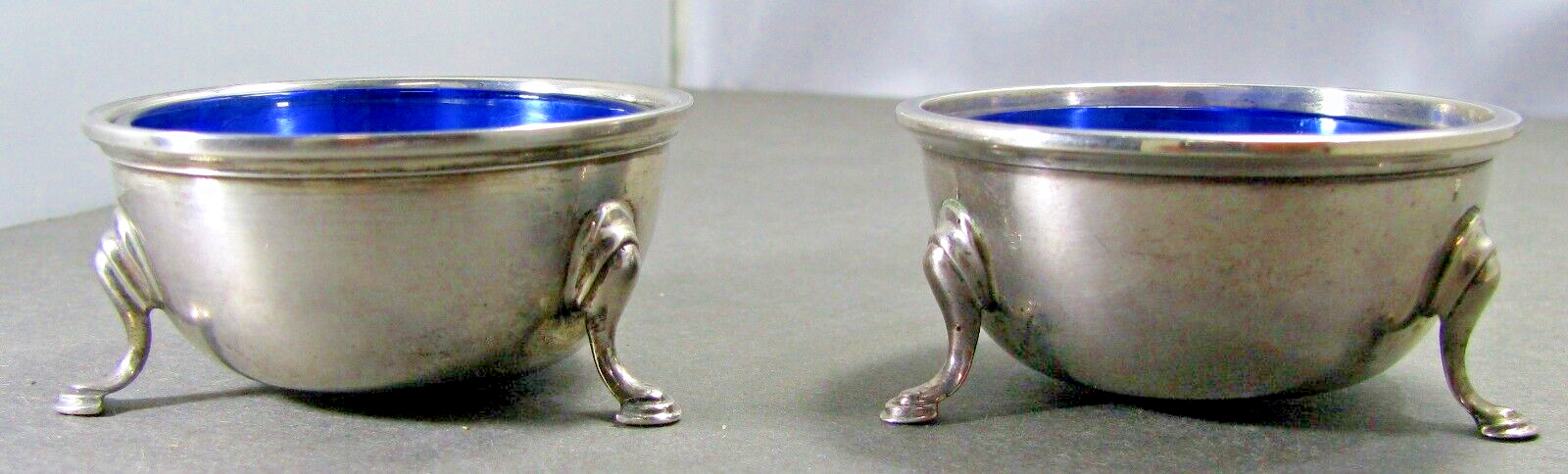 Sterling Silver Open Salt Cellars Pair with Cobalt Blue Liners