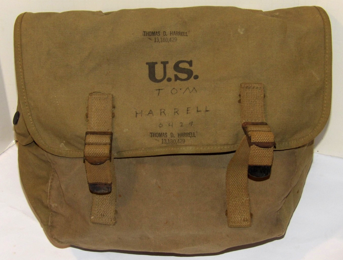 VINTAGE 1943 US ARMY M-1936 MUSETTE/FIELD BAG! CANVAS/STRAPS INTACT/OWNER'S NAME