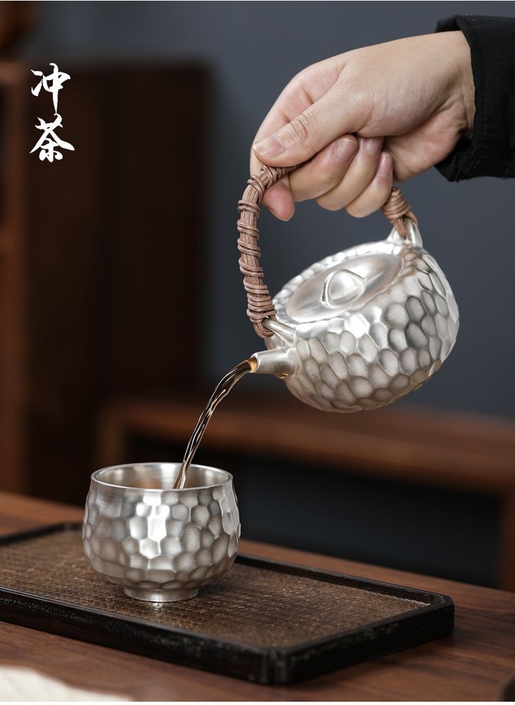 KungFu Tea Set 999 Sterling Silver Pot Cup Ceramic Hammer Pattern Portable Set