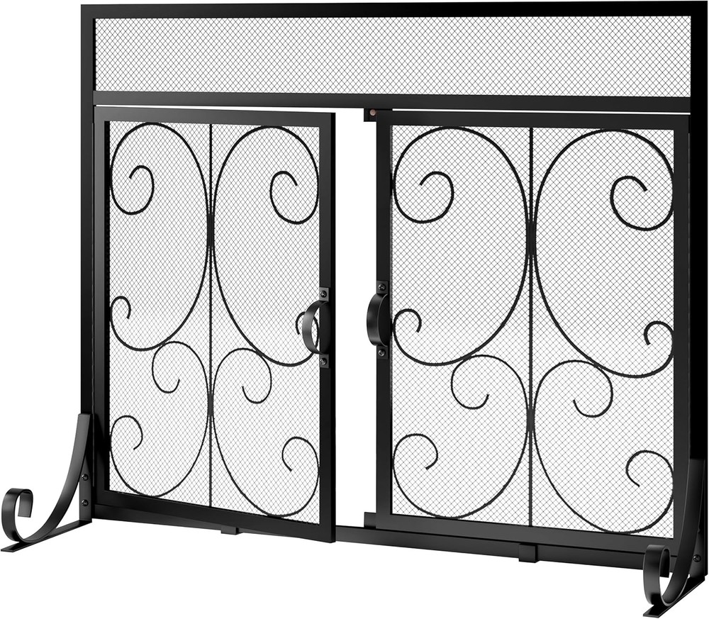 Flat Fireplace Screen with Doors, Wrought Iron Frame with Metal Mesh, Flat Panel
