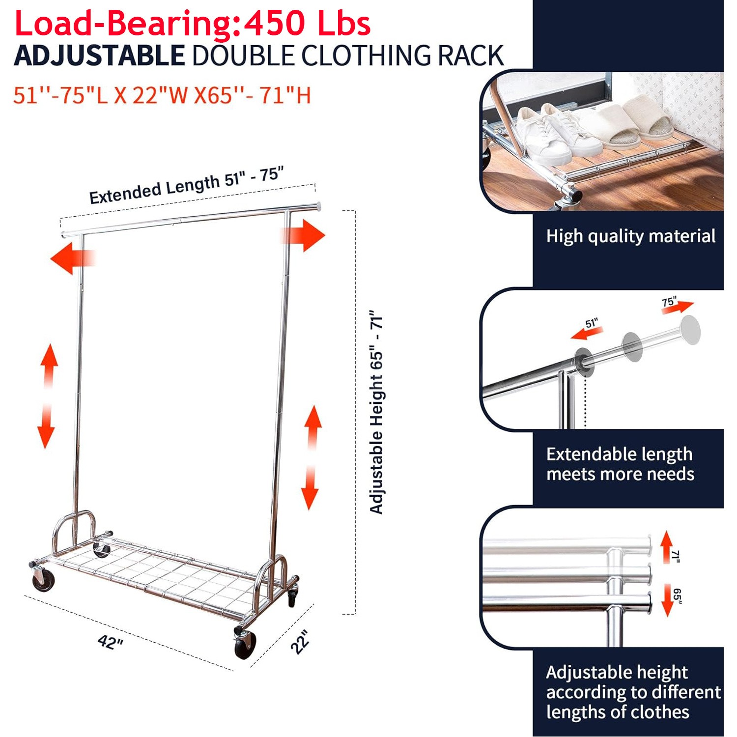 450lbs Heavy Duty Commercial Clothing Garment Rack Rolling Collapsible Chrome US