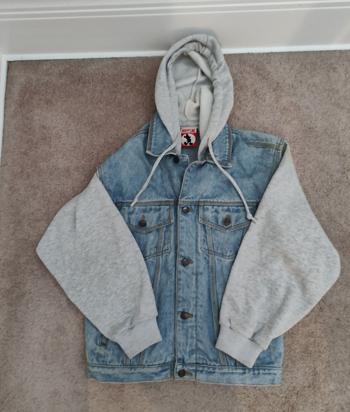 Disney Mickey Inc Jacket Small Denim Hoodie Trucker Embroidered Mouse VTG 90s