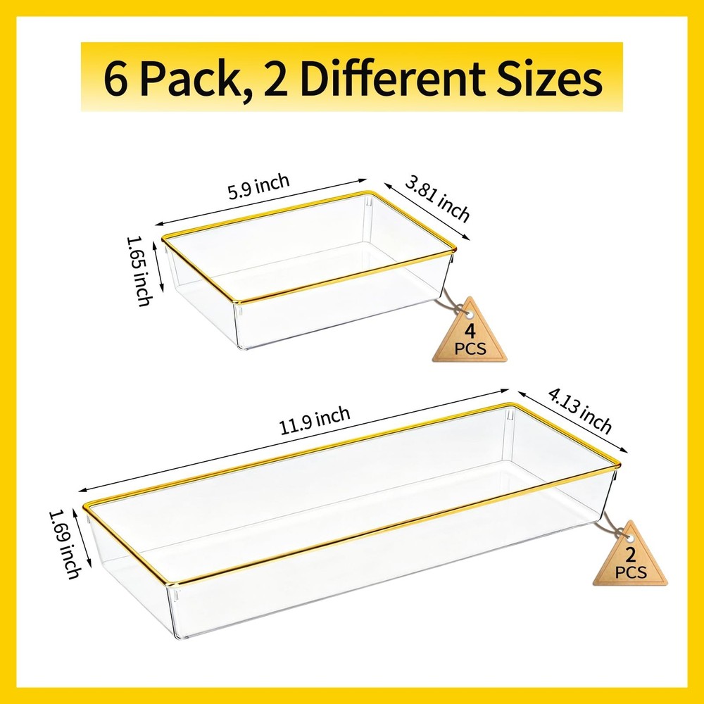 6 Pack Large Size Clear Stackable Drawer Organizer Trays, Gold Rim Makeup Dra...
