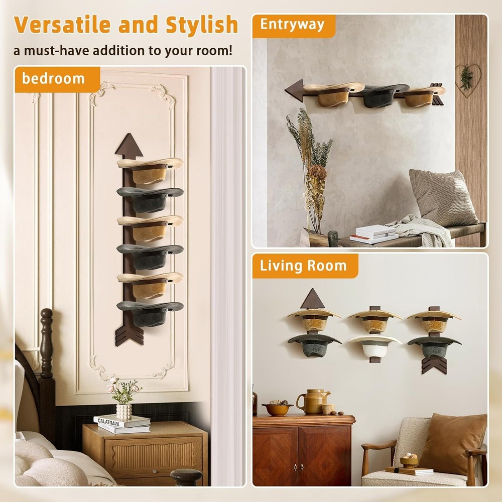 Cowboy Hat Rack Wall Mount, Solid Wood Arrow Design 6 Pieces, Walnut
