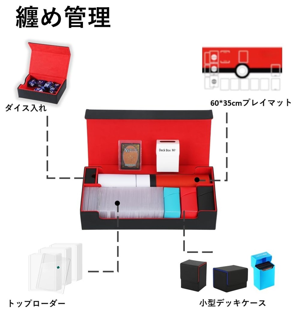 Deck case trading card case storage case top loader storage (black (red interior