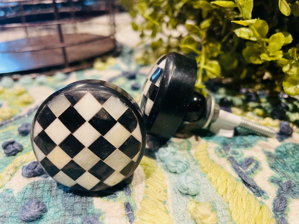 10; Courtly Check Cabinet Door knobs black white checkered M. Childs Pull Round