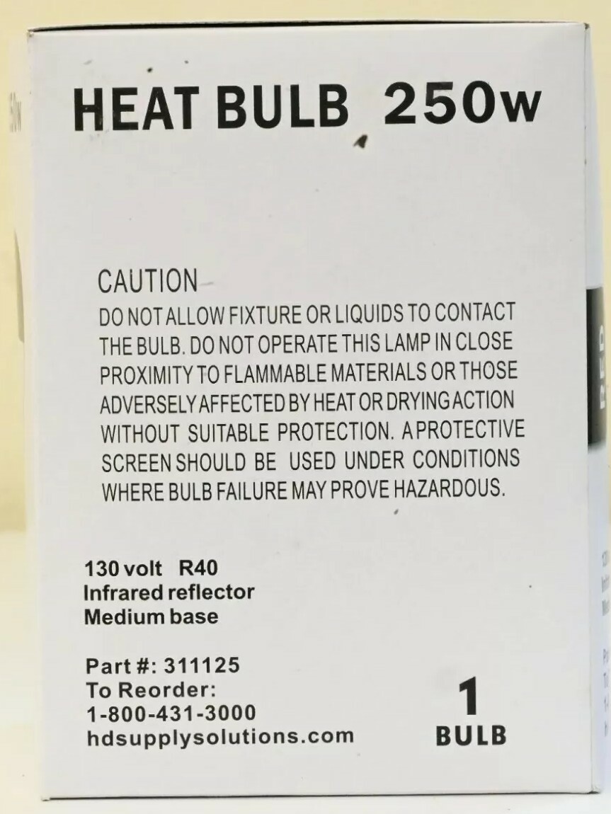 250 Watt Red Heat Lamp Bulb 250w 130v R40 IR Infrared Incandescent Reflector