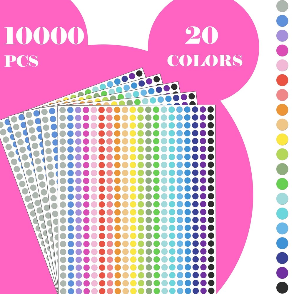 10000 PCS Small Dot Stickers 1/4" Round Color Coding 1/4", Multi-colored