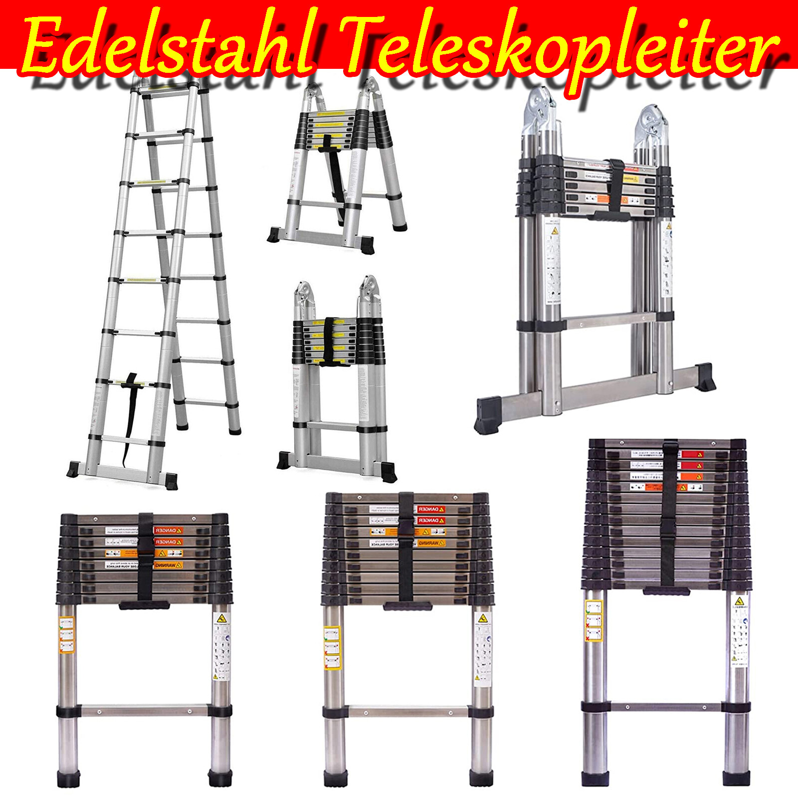 8-16FT Steel Telescoping Ladder Extension Ladders Retraction Collapsible Folding