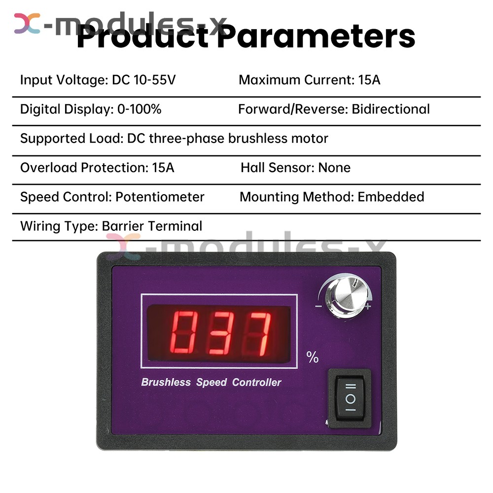 10-55V15A Brushless DC Speed Controller 3-Phase Motor Controller Forward/Reverse