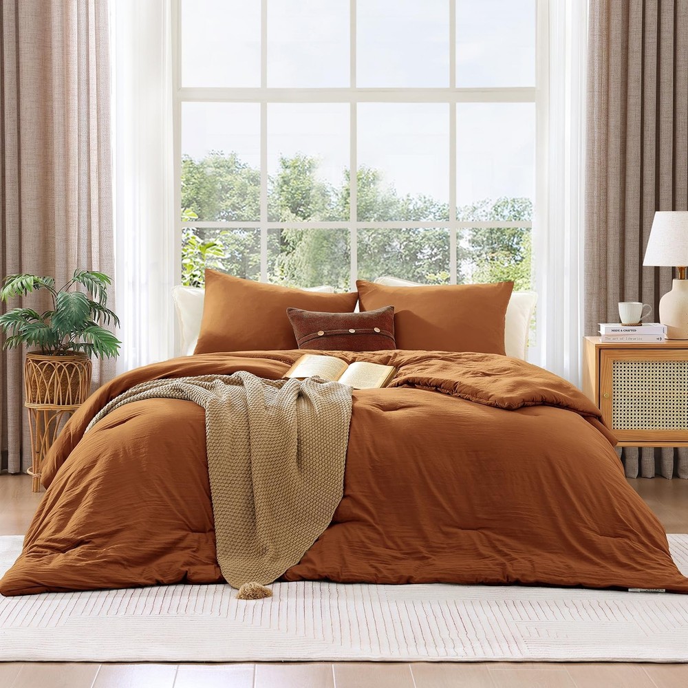 WRENSONGE Queen Comforter Set - 3 Pieces Prewashed Burnt Orange Comforter Sof...