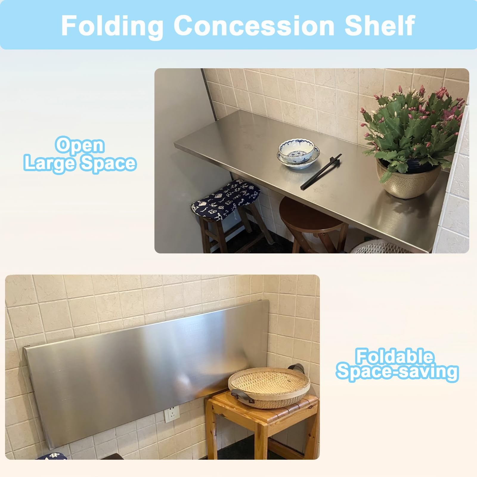 Folding Concession Shelf 36" x 12", Stainless Steel Drop Down Folding Serving...