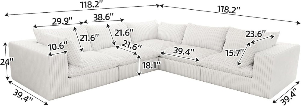 118'' V-Shaped Sectional Cloud Couch with Deep Seat Comfy 5 Seater Modular Sofas