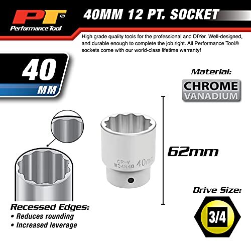 Performance Tool W34840 3/4" Drive 12-Point Standard Socket 40mm
