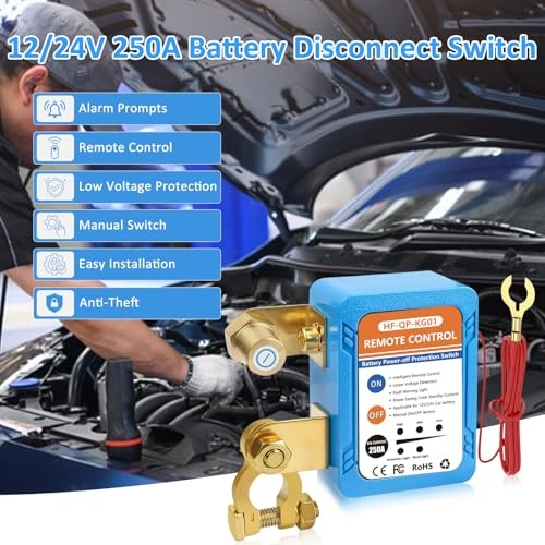 250A Kill Switch for Car, 12V/24V Remote Battery Disconnect Switch Automatic