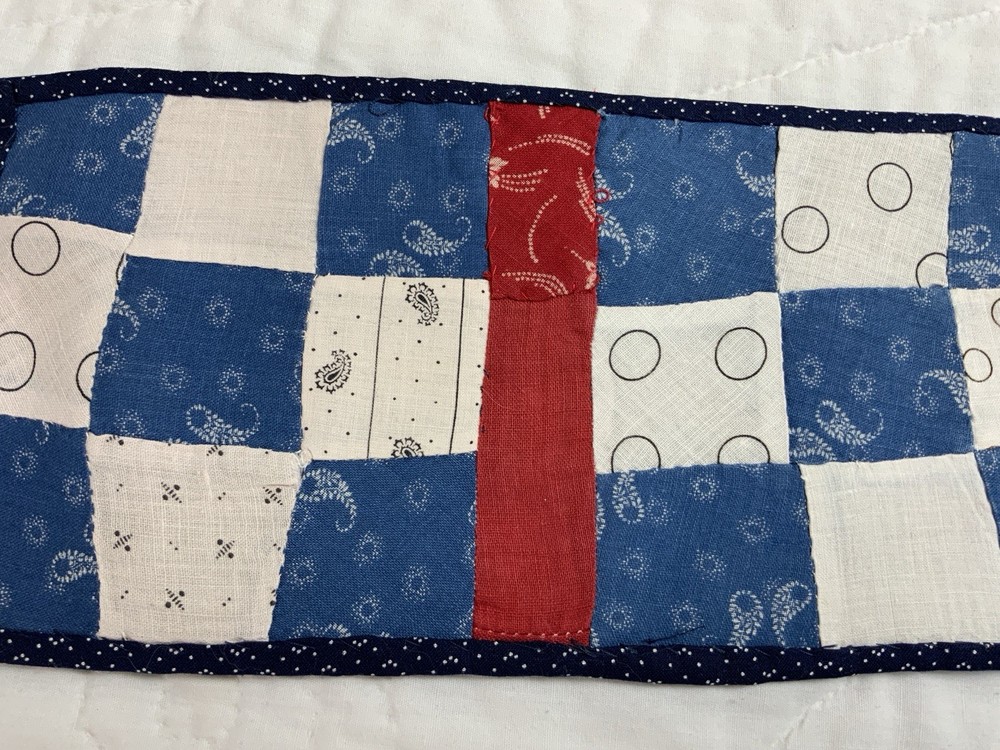 Antique Vintage Patchwork Quilt Table Topper, Nine Patch, Rectangle, Blue & Red