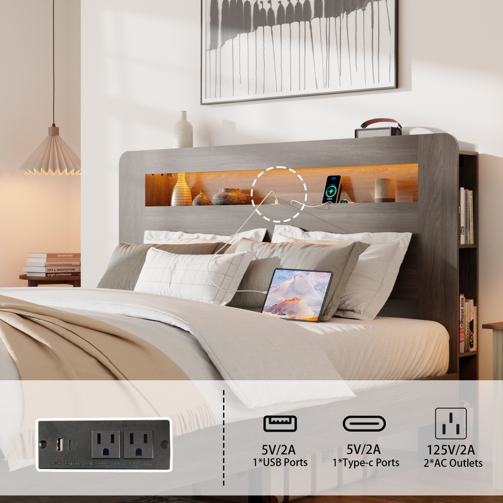 Queen/King Size Bed Frame Wood Platform Bed with Storage LED Light Headboard
