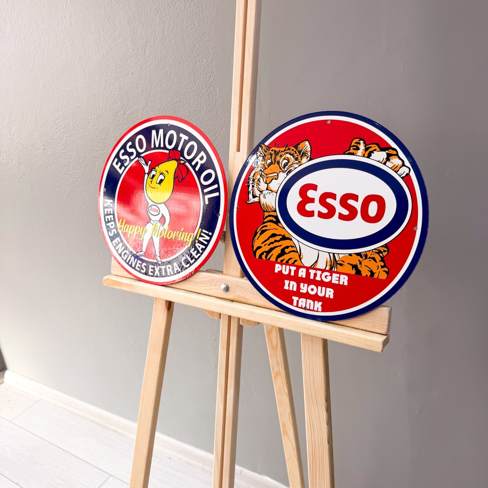 Esso Vintage Metal Sign Set of 2 Happy Motoring Female & Tiger – 30 cm / 11.8”