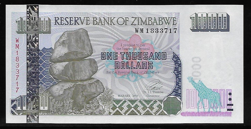Zimbabwe P-12 1000 Dollars 2003 Unc